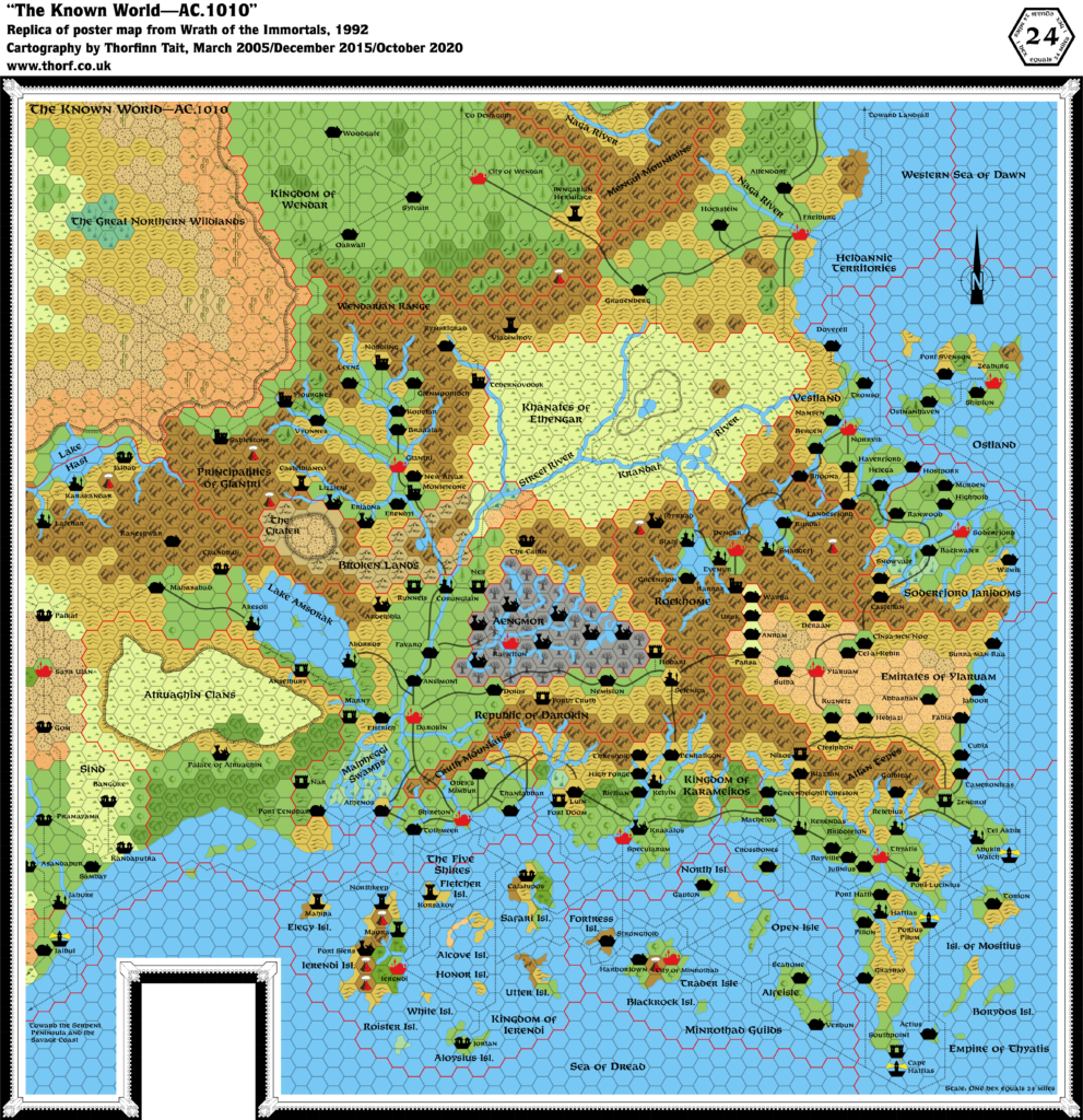 Replica of Wrath of the Immortals' poster map of the Known World 1010 AC, 24 miles per hex