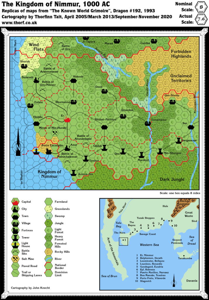 Replicas of Dragon 192's map of Nimmur, 8 miles per hex, with key and inset map of Southwestern Brun