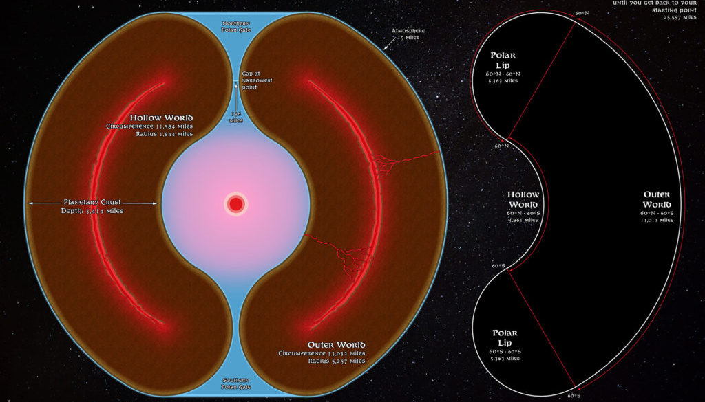Diagram showing the configuration of Mystara’s Outer and Hollow Worlds based on the Atlas of Mystara’s 2018 model dimensions.
