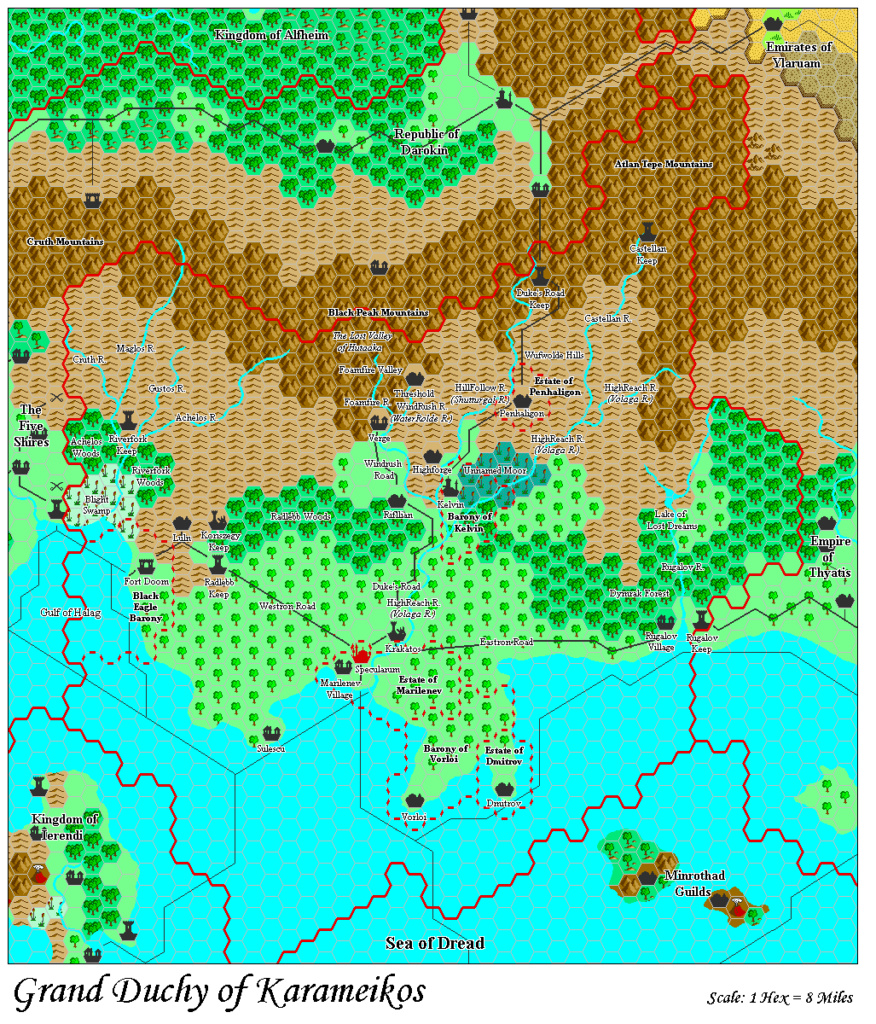 Grand Duchy of Karameikos, 8 miles per hex by Adamantyr, February 2000