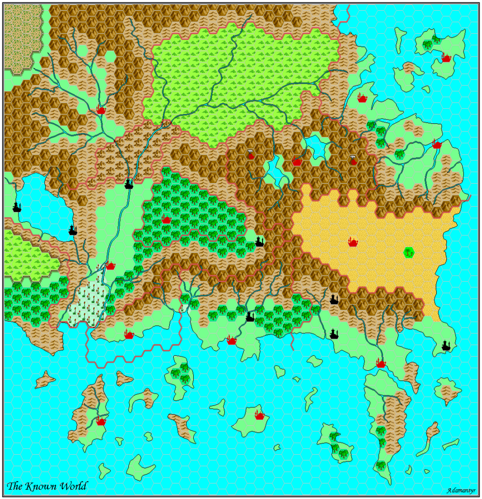 Work in Progress map of the Known World, 24 miles per hex by Adamantyr, January 2000