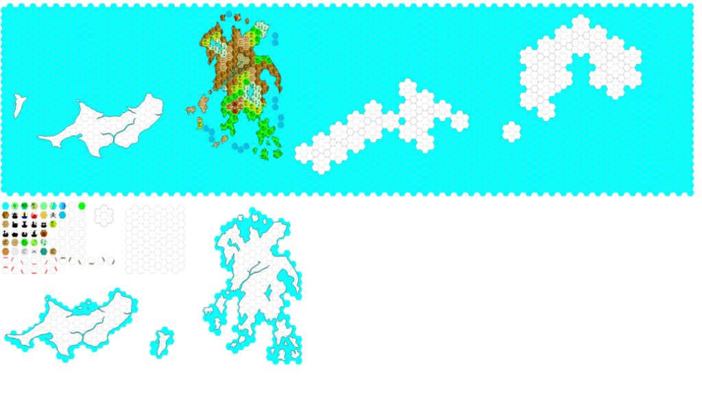 Work in Progress map of the Thanegioth Archipelago, 8 miles per hex by Adamantyr, November 1999
