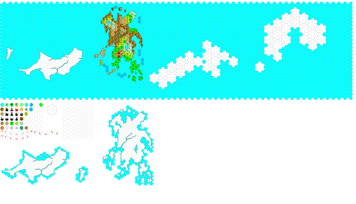 Work in Progress map of the Thanegioth Archipelago, 8 miles per hex by Adamantyr, November 1999
