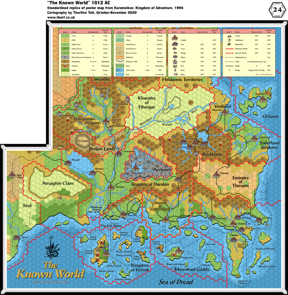 Standardised replica of Karameikos: Kingdom of Adventure map of the Known World, 24 miles per hex