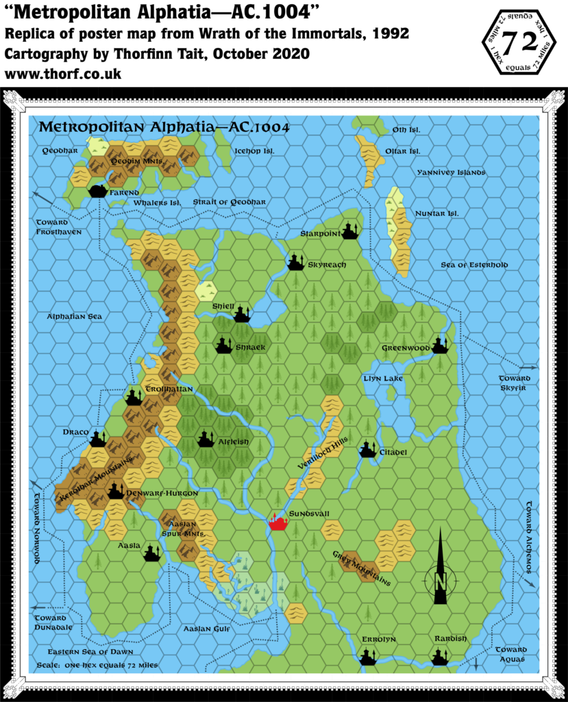 Replica of Wrath of the Immortals' poster map of Alphatia 1004 AC, 72 miles per hex