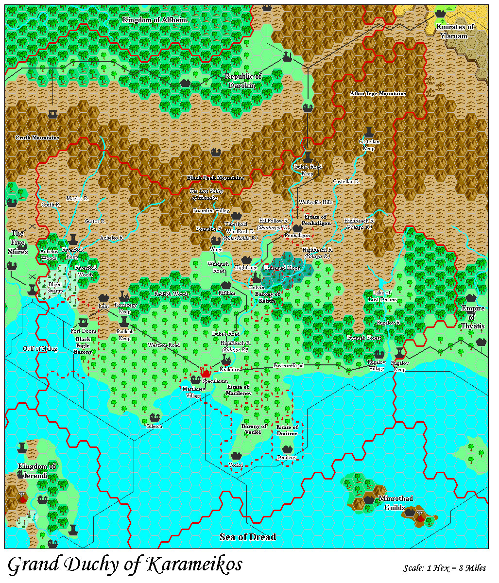 Grand Duchy of Karameikos, 8 miles per hex by Adamantyr, February 2000