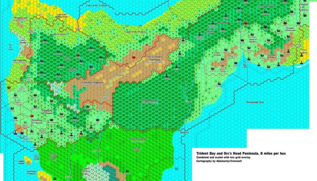 Composite of all of Adamantyr’s Trident Bay and Orc’s Head Peninsula maps, 8 miles per hex, assembled by Thorfinn Tait