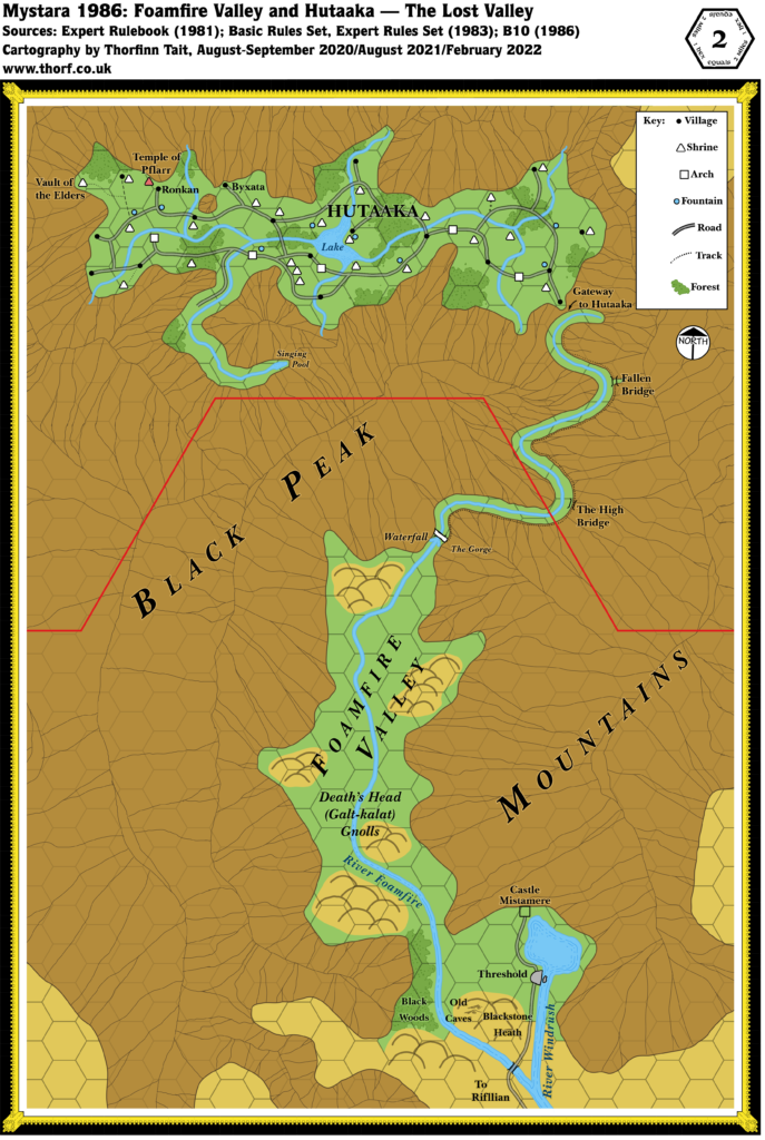 Foamfire Valley and the Lost Valley of Hutaaka, 2 miles per hex (1986)
