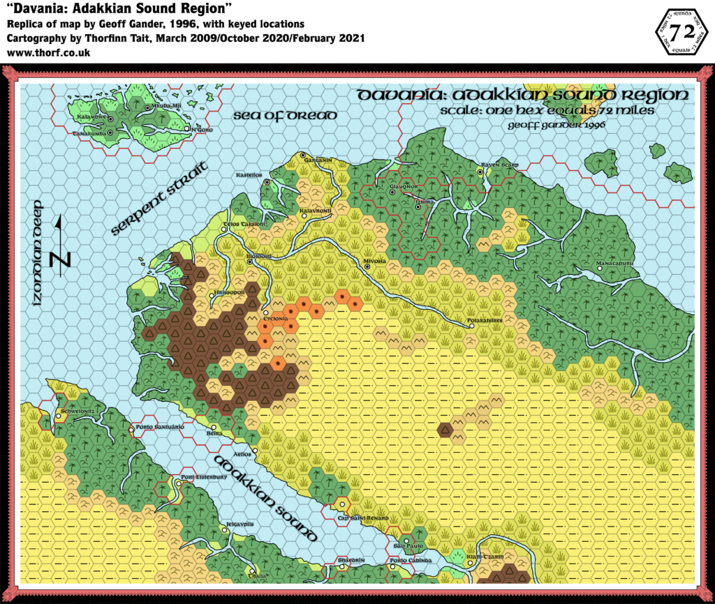 Replica of Geoff Gander’s Davania: Adakkian Sound, 72 miles per hex, using Geoff’s original palette