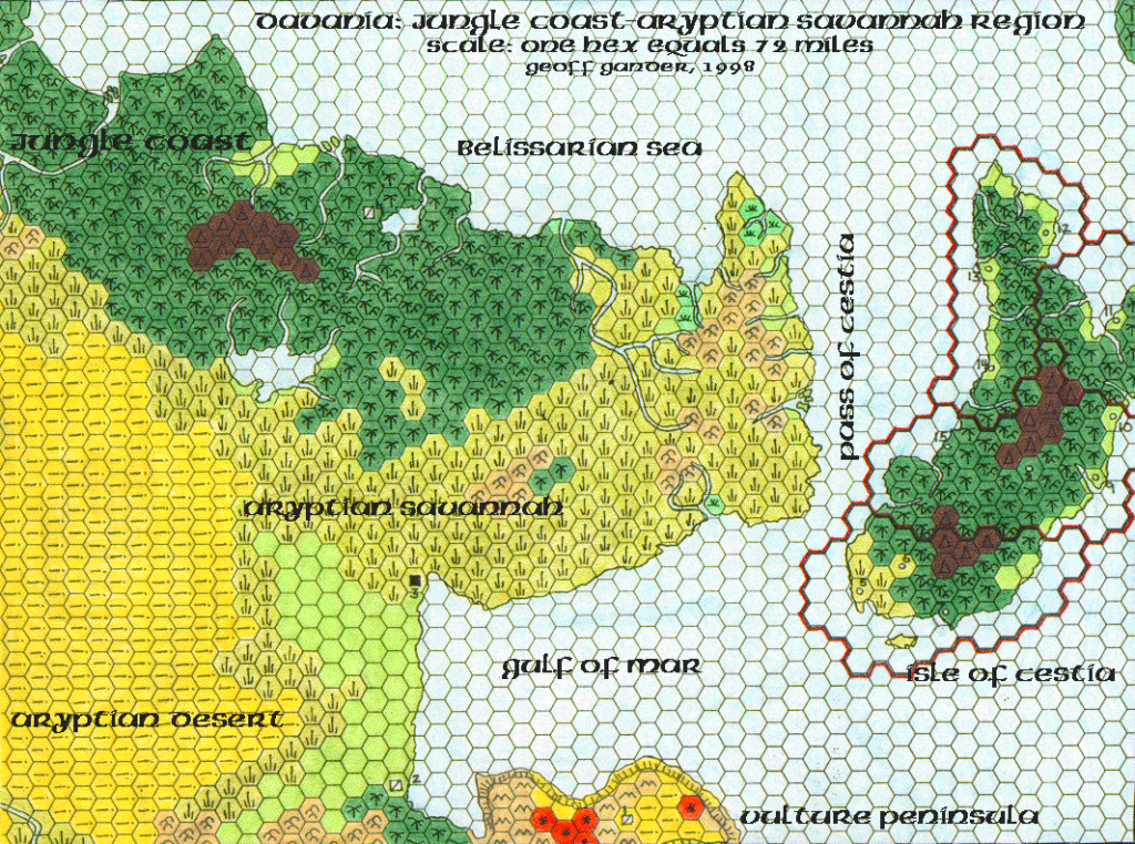 Davania’s Jungle Coast - Aryptian Savannah Region, 72 miles per hex, by Geoff Gander, May 1998