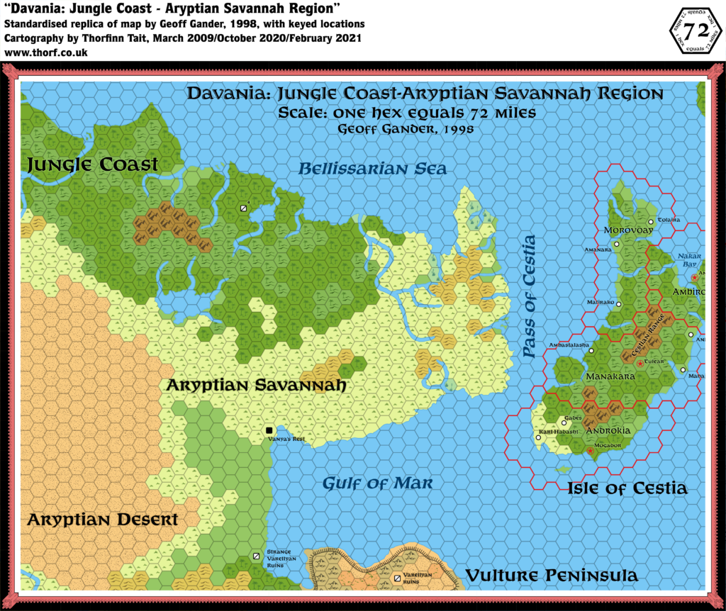 Standardised replica of Geoff Gander’s Davania: Jungle Coast - Aryptian Savannah Region, 72 miles per hex