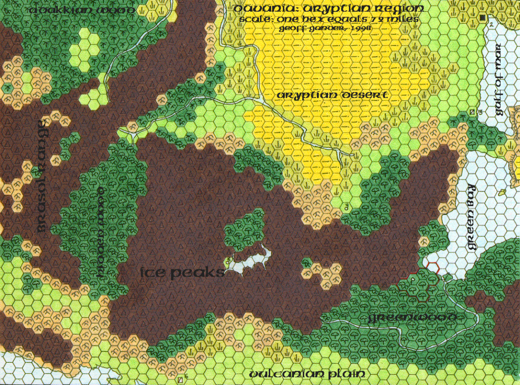 Davania’s Aryptian Region, 72 miles per hex, by Geoff Gander, May 1998