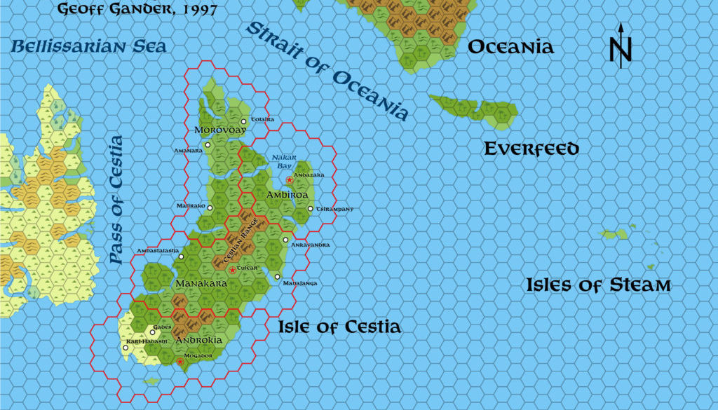 Standardised replica of Geoff Gander’s Davania: Cestia and Oceania, 72 miles per hex