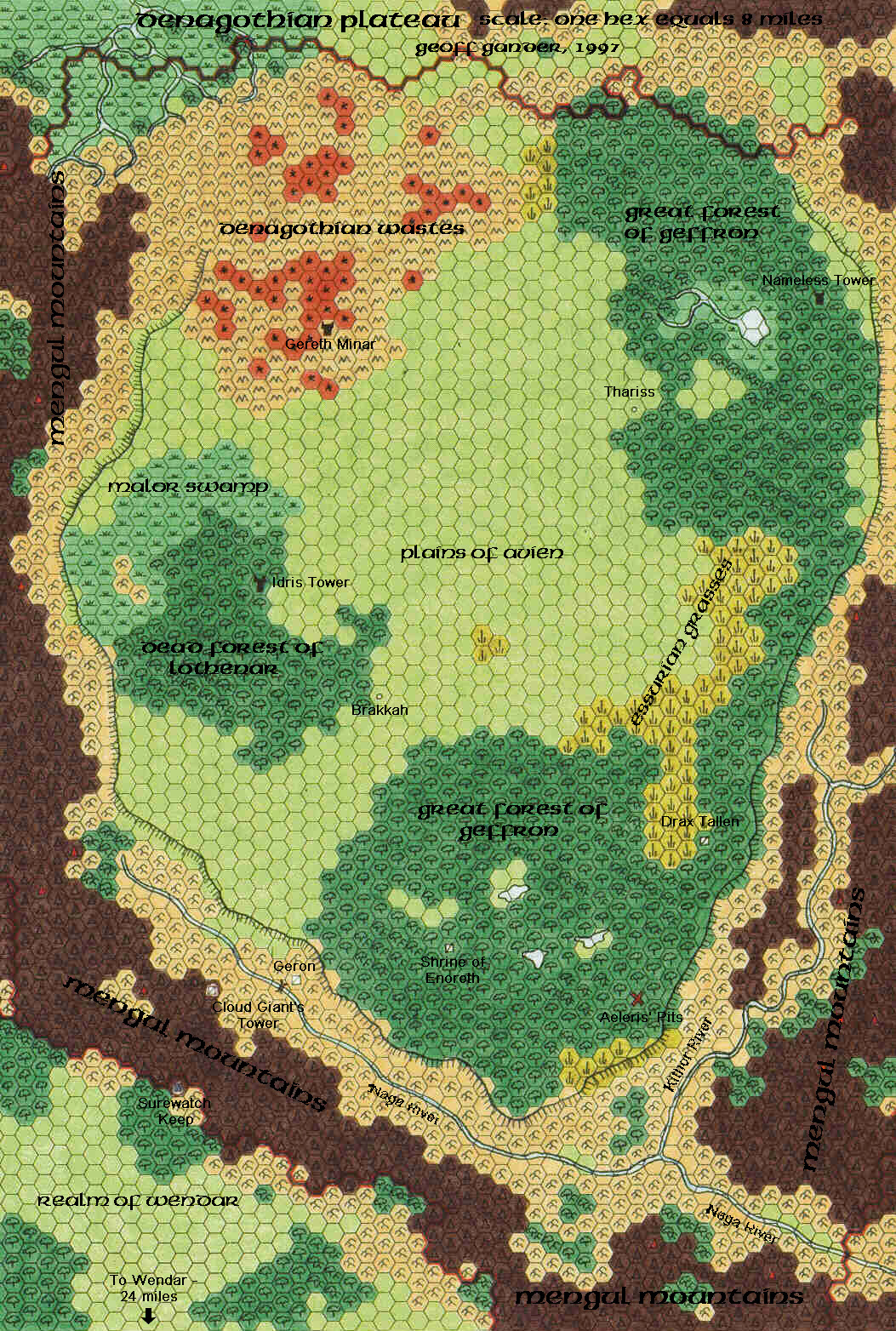 Denagoth, 8 miles per hex, by Geoff Gander, December 1997