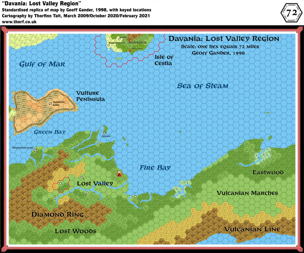Standardised replica of Geoff Gander’s Davania: Lost Valley Region, 72 miles per hex