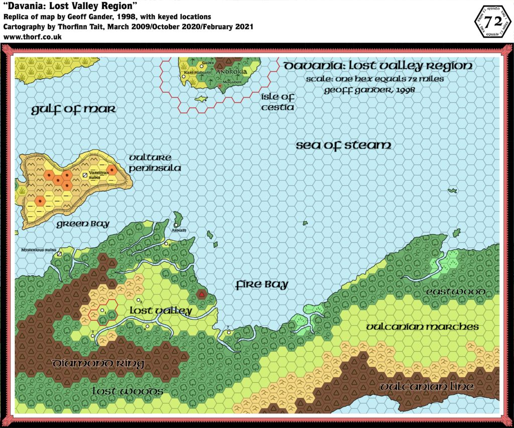 Replica of Geoff Gander’s Davania: Lost Valley Region, 72 miles per hex