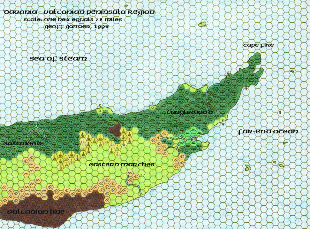 Davania’s Vulcanian Peninsula Region, 72 miles per hex, by Geoff Gander, March 1998