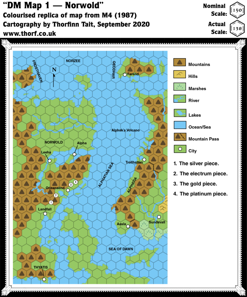 Colourised replica of M4's map of Norwold, 150 miles per hex