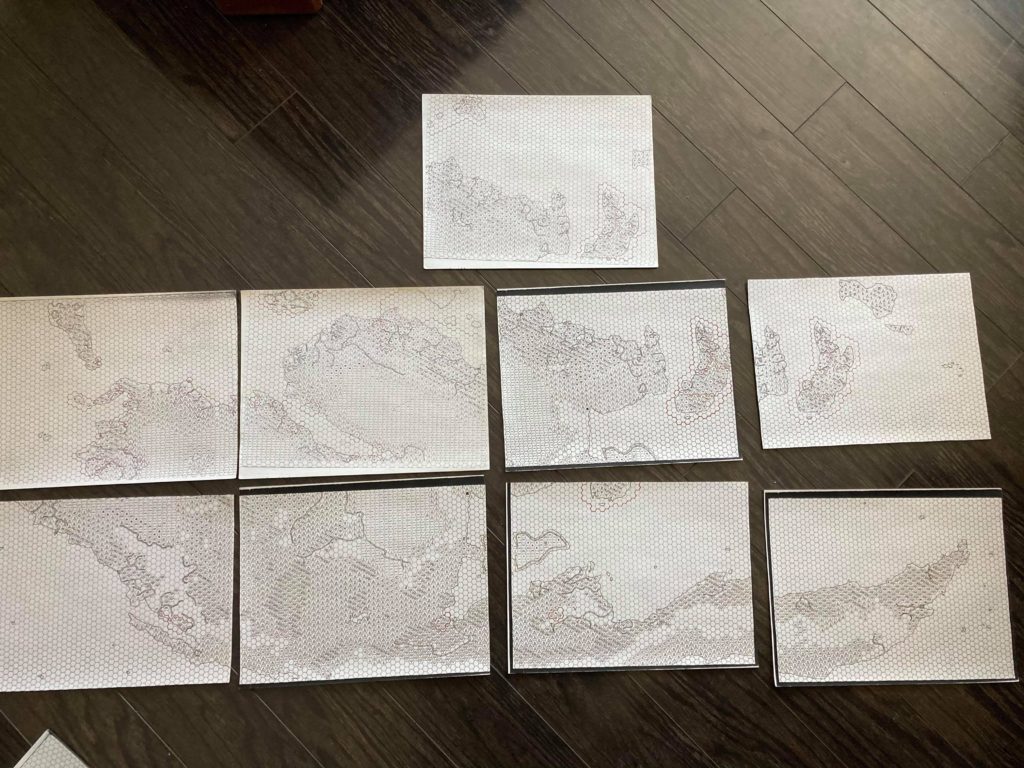 Geoff’s original Davania maps. He used copies of these sheets to create the finished, coloured maps.