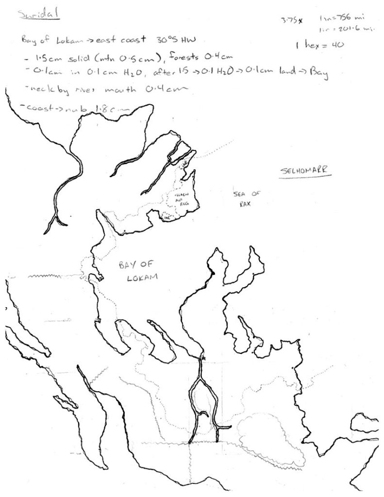 Geoff’s original note sheet and sketch, made prior to drawing the 40 mile hex map of Selhomarr.