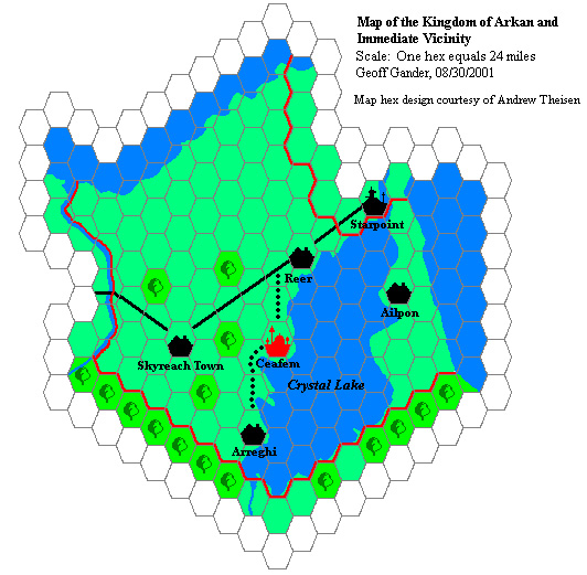 Arkan, 1018 AC, 24 miles per hex, by Geoff Gander, August 2001