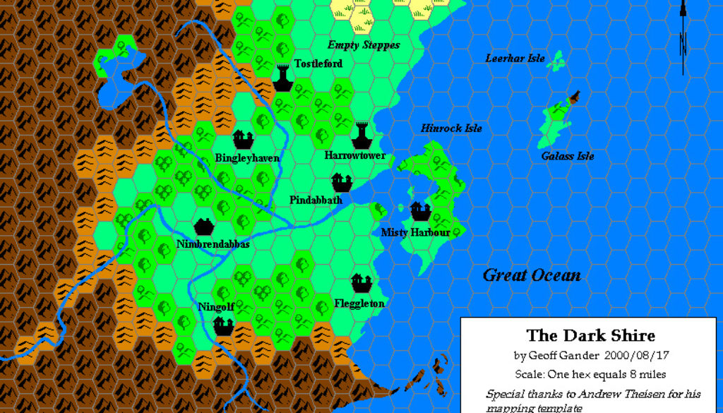 The Dark Shire, 8 miles per hex, by Geoff Gander, August 2000
