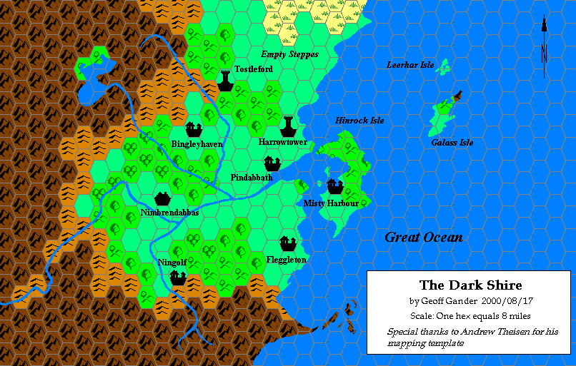 The Dark Shire, 8 miles per hex, by Geoff Gander, August 2000