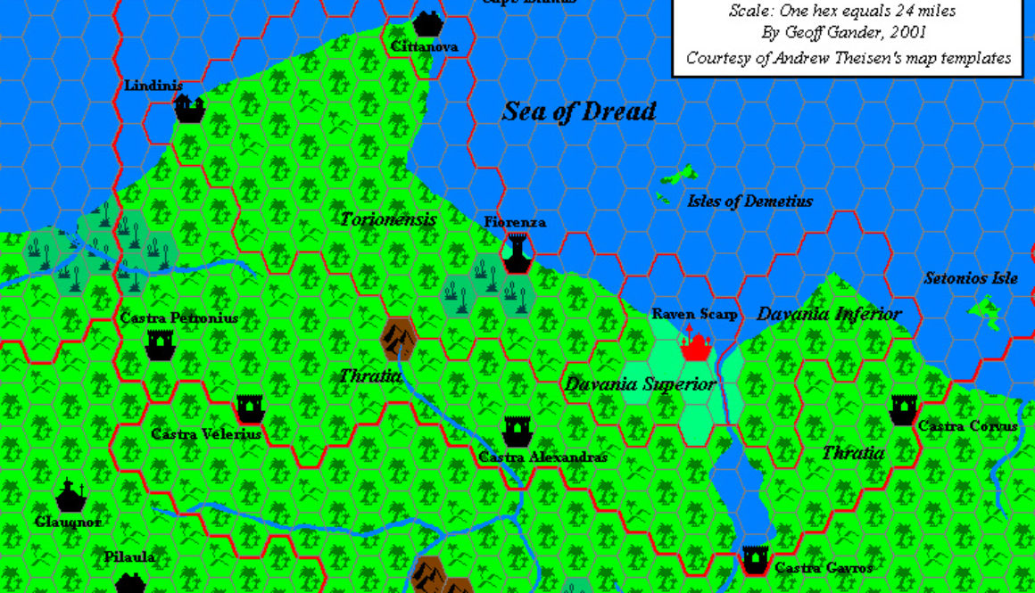 Thyatian Hinterlands, 1017 AC, 24 miles per hex, by Geoff Gander, January 2001