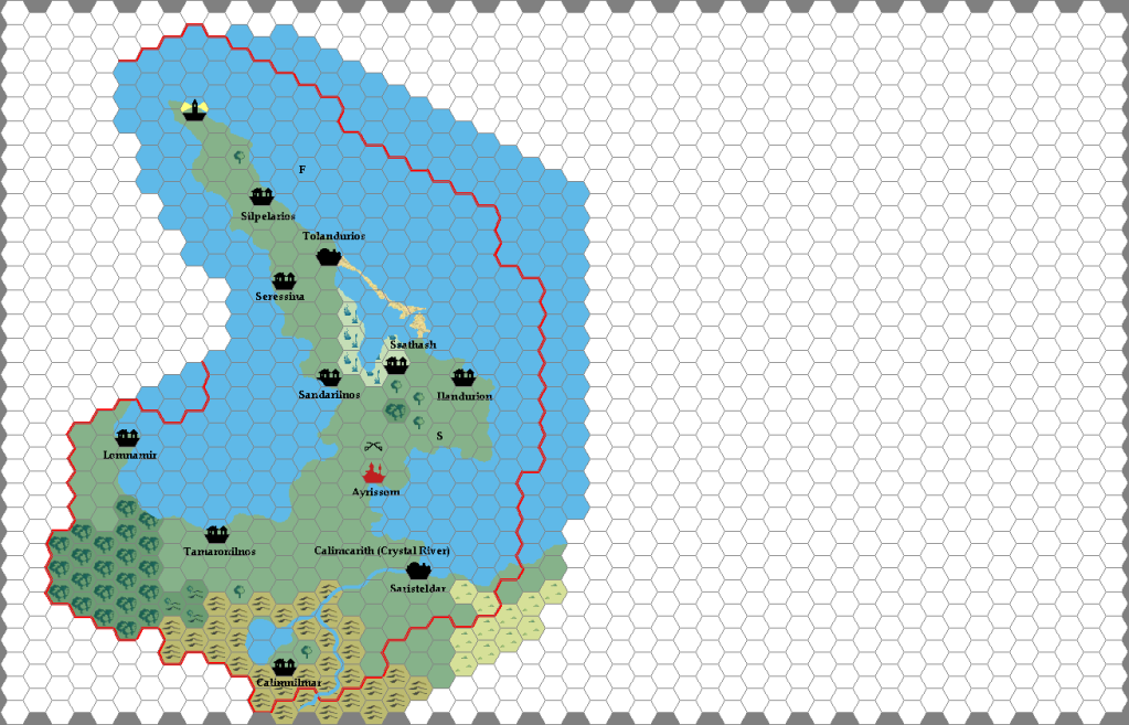 Draft map of Ilyoris, 8 miles per hex, by Geoff Gander, July 2010