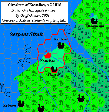 City-State of Kastelios, 8 miles per hex, by Geoff Gander, August 2001