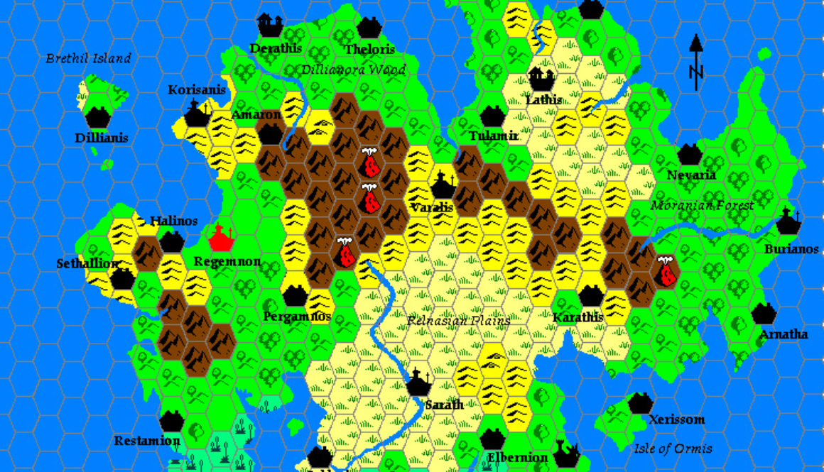 Lhomarr, 7500 BC, 48 miles per hex, by Geoff Gander, 1998