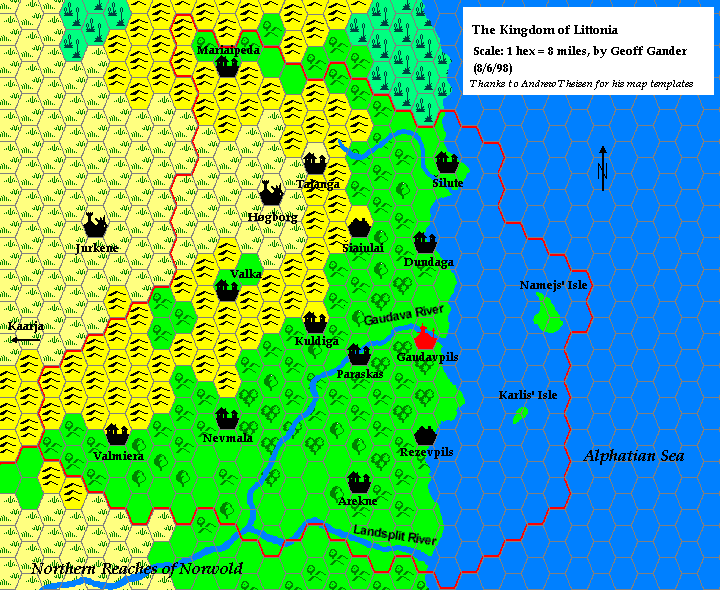 Littonia, 8 miles per hex, by Geoff Gander, August 1998