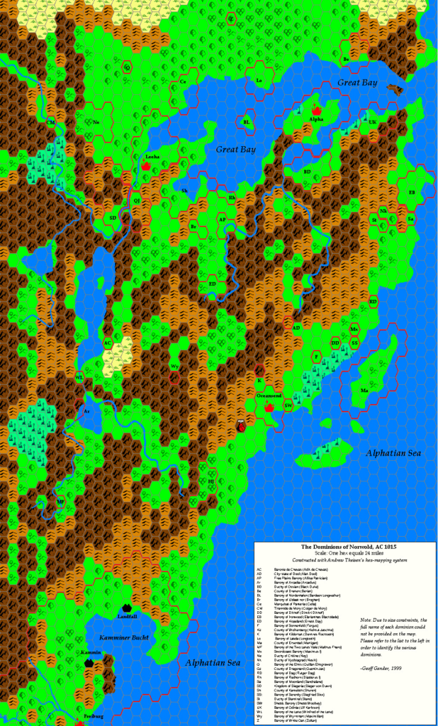 Norwold, 1015 AC, 24 miles per hex, by Geoff Gander, December 1999