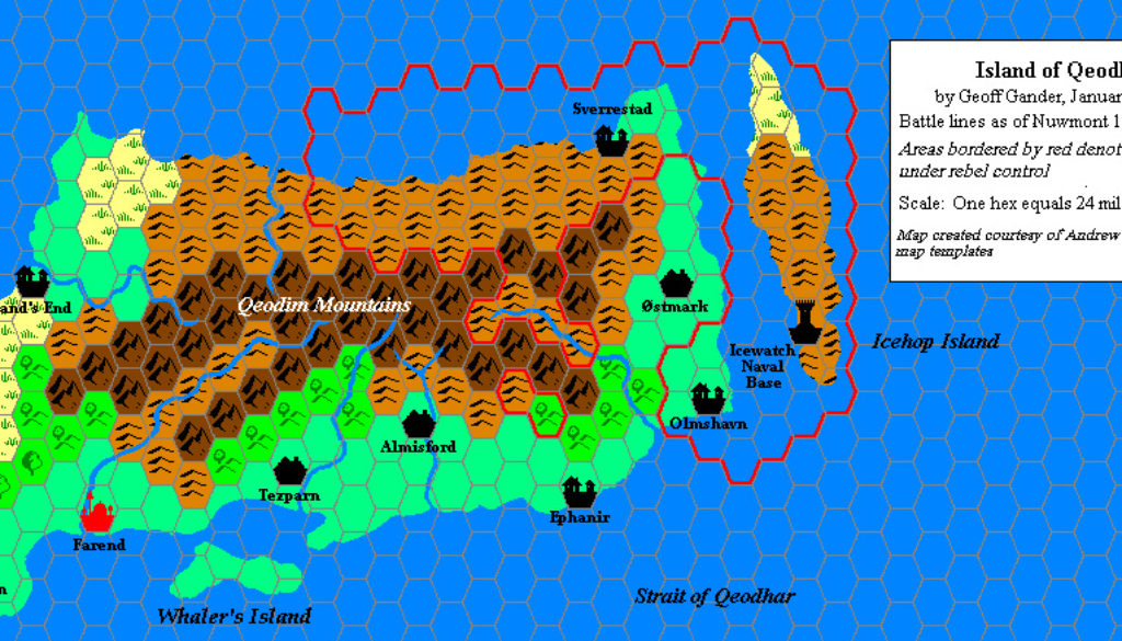 Qeodhar, Nuwmont 1018 AC, 24 miles per hex, by Geoff Gander, February 2002