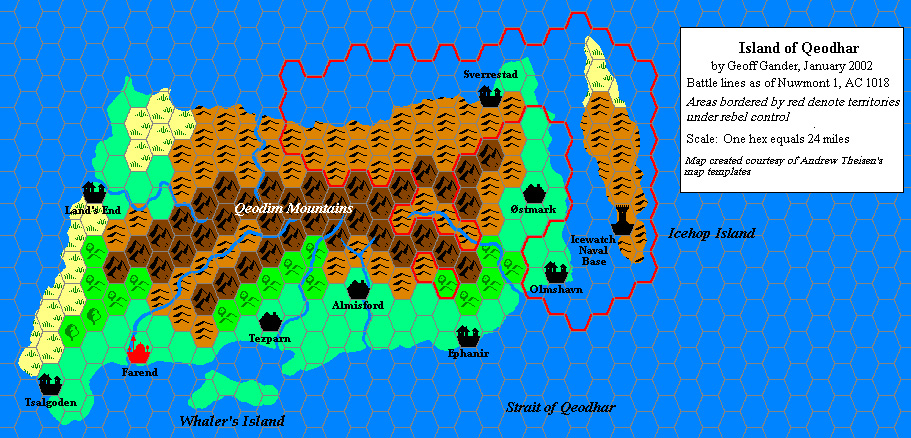Qeodhar, Nuwmont 1018 AC, 24 miles per hex, by Geoff Gander, February 2002