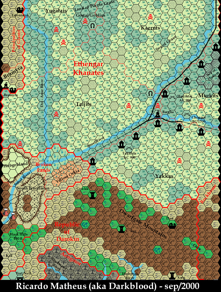 Known World Grid E1, 8 miles per hex by Ricardo Matheus, October 2000