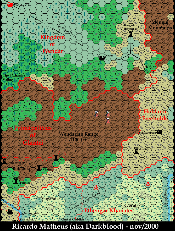 Known World Grid N1E1, 8 miles per hex by Ricardo Matheus, November 2000
