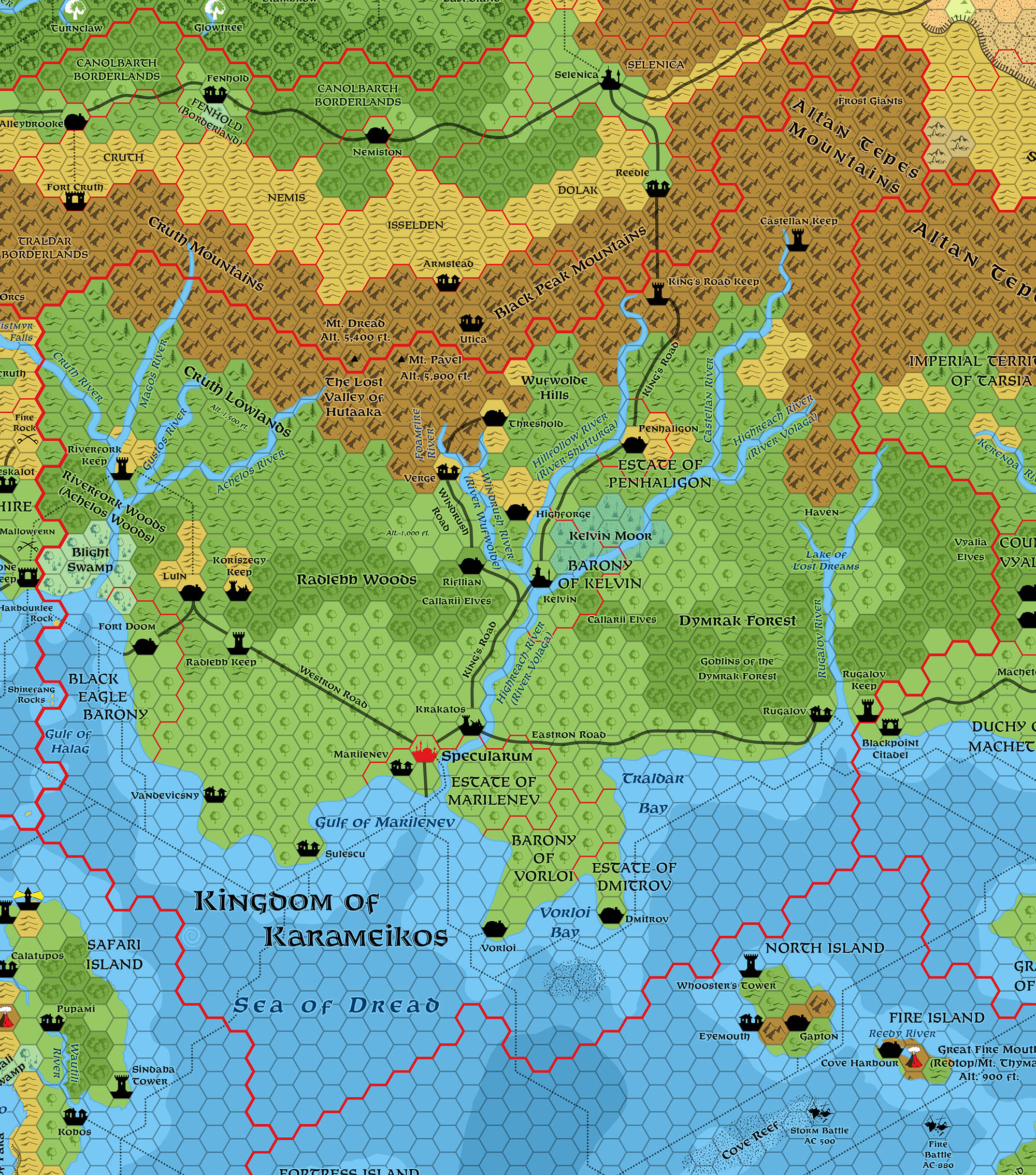 Updated map of the Kingdom of Karameikos, 1007 AC, 8 miles per hex