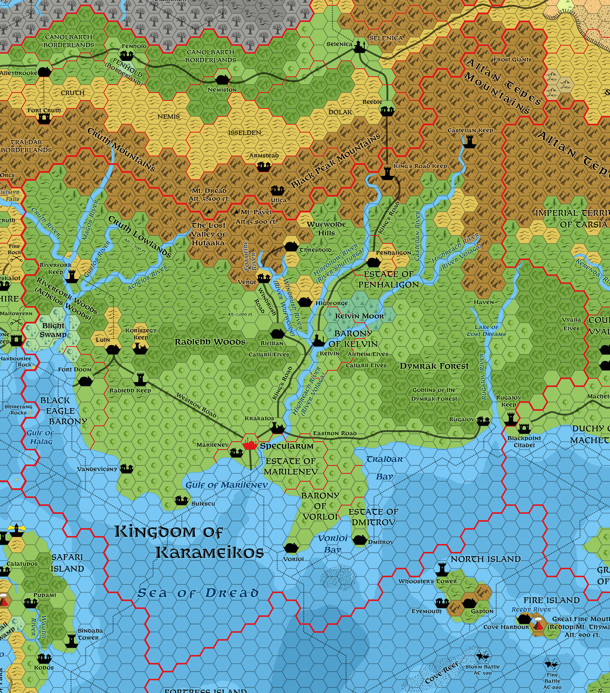 Updated map of the Kingdom of Karameikos, 1009 AC, 8 miles per hex