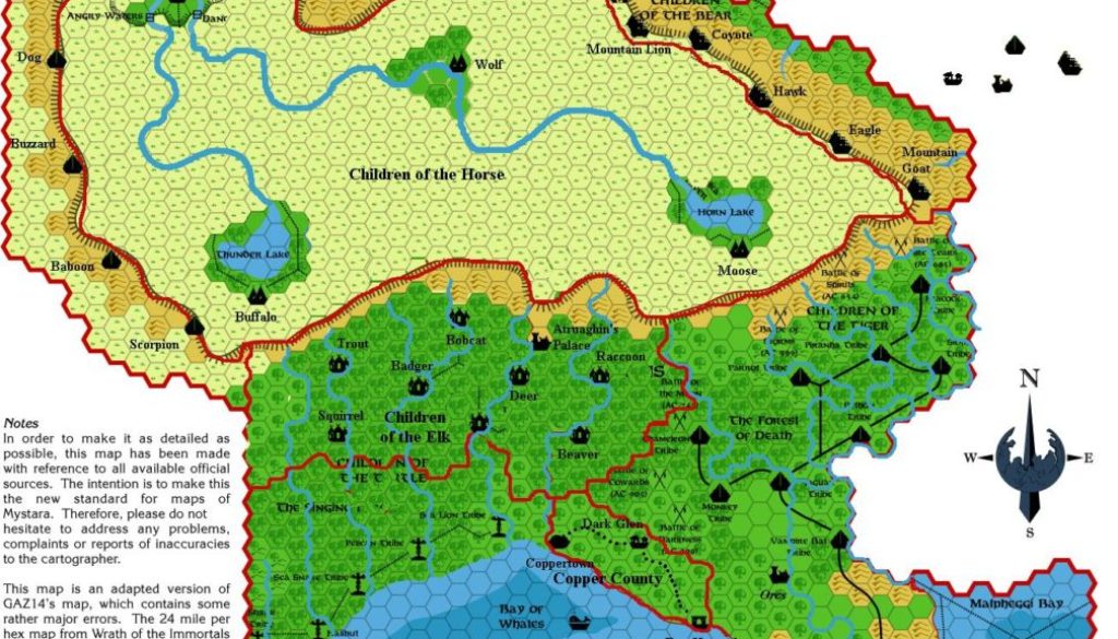 Draft revised map of The Atruaghin Clans, 8 miles per hex, by James Mishler, March 2005