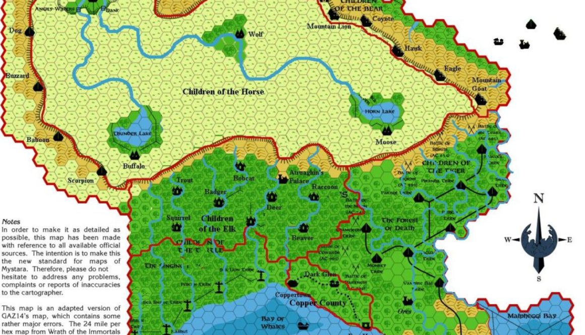 Draft revised map of The Atruaghin Clans, 8 miles per hex, by James Mishler, March 2005