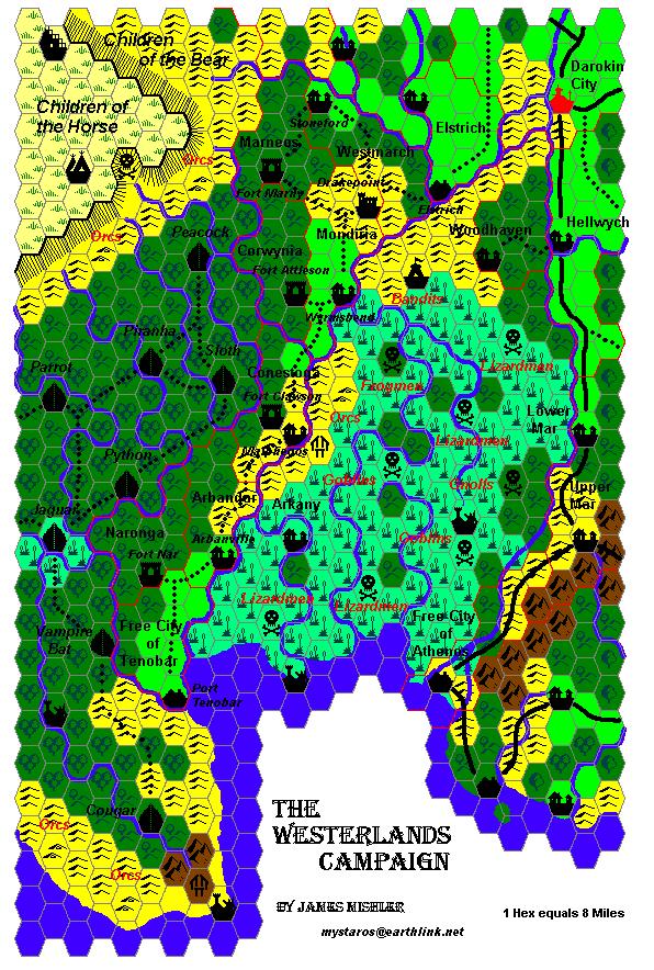 Westerlands, 8 miles per hex, by James Mishler, February 2003