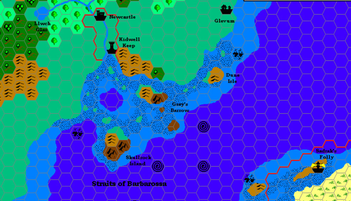Eastern Shadow Coast c. 1004 AC, 8 miles per hex by Andrew Theisen, August 2000
