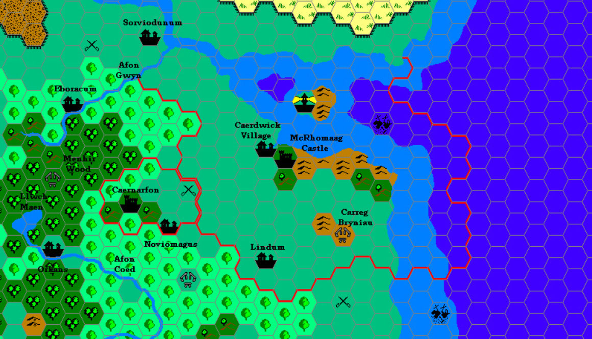 Barony of Caerdwicca c. 1004 AC, 8 miles per hex by Andrew Theisen, August 2000