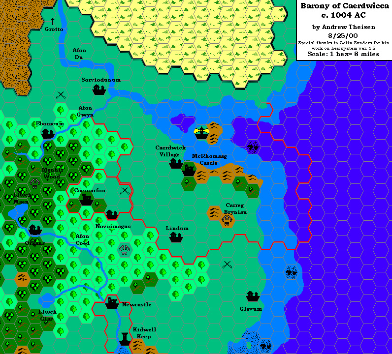Barony of Caerdwicca c. 1004 AC, 8 miles per hex by Andrew Theisen, August 2000