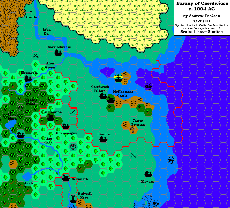 Barony of Caerdwicca c. 1004 AC, 8 miles per hex by Andrew Theisen, August 2000