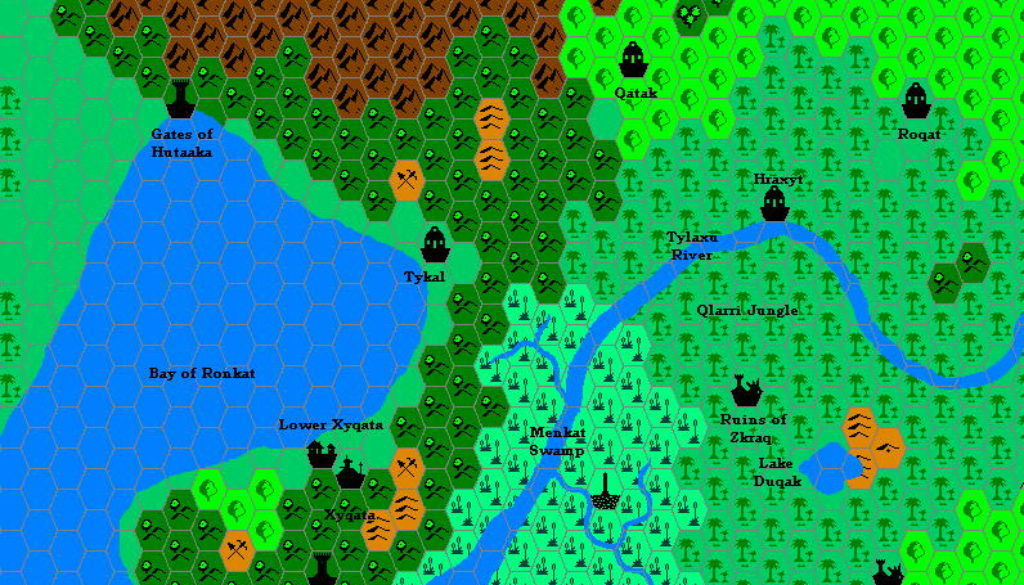 Xyqata and Environs, 8 miles per hex by Andrew Theisen, August 2000