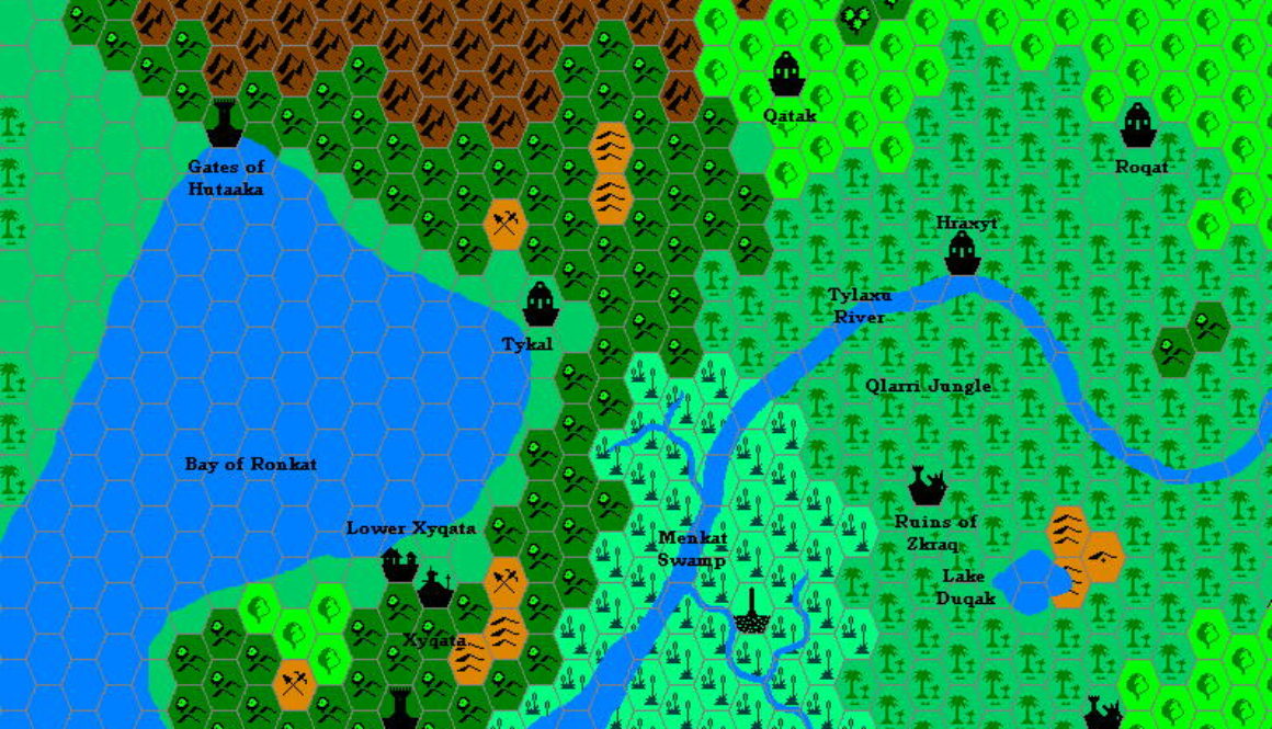 Xyqata and Environs, 8 miles per hex by Andrew Theisen, August 2000