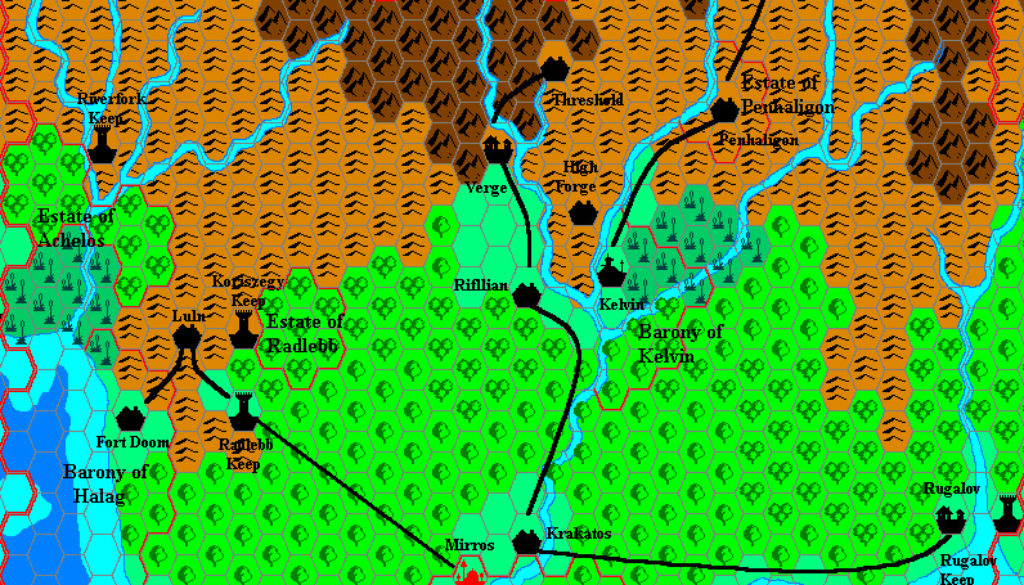 Karameikos 1016 AC, 8 miles per hex by Andrew Theisen, November 1998