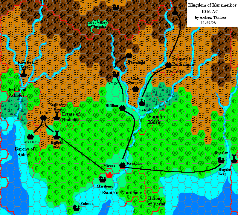 Karameikos 1016 AC, 8 miles per hex by Andrew Theisen, November 1998